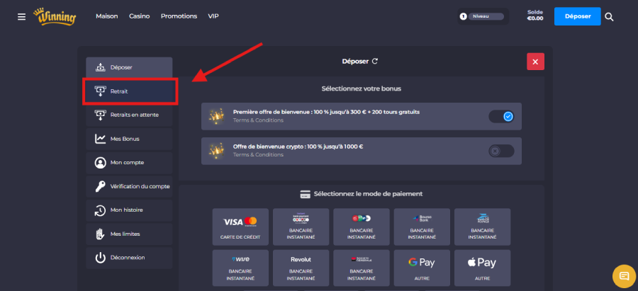 Faire retrait sur Winning Casino étape1
