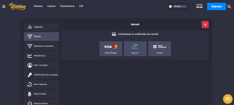 Faire retrait sur Winning Casino étape2
