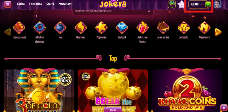 Faire son premier dépôt sur Joker8 Casino étape 1