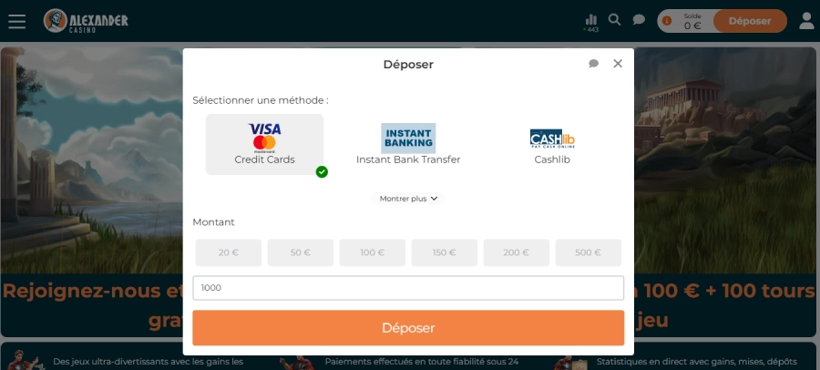 Faire un dépôt sur Alexander Casino étape2