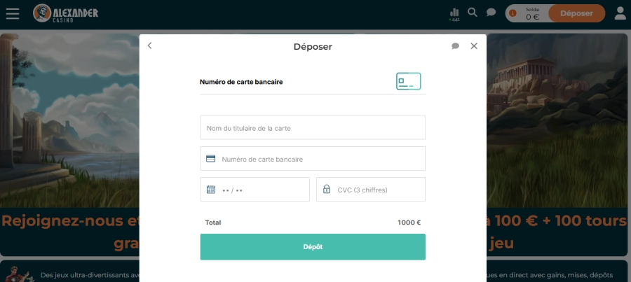 Faire un dépôt sur Alexander Casino étape3