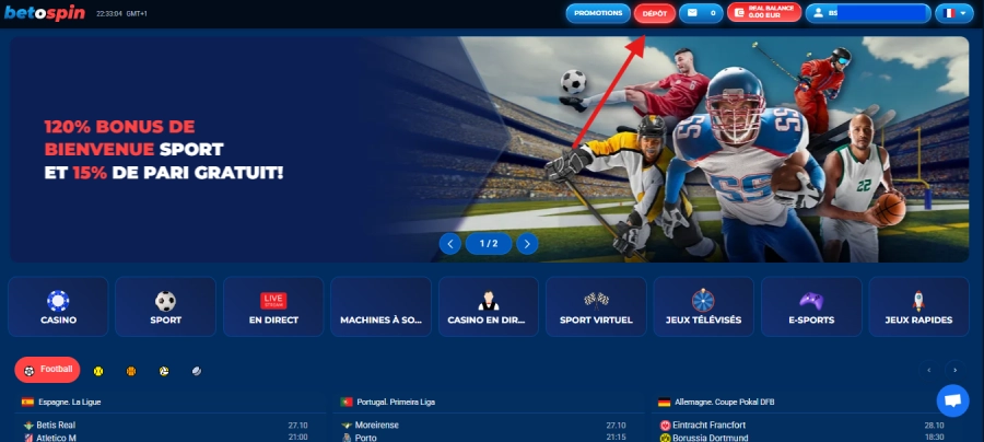Faire un dépôt sur BetOspin étape1