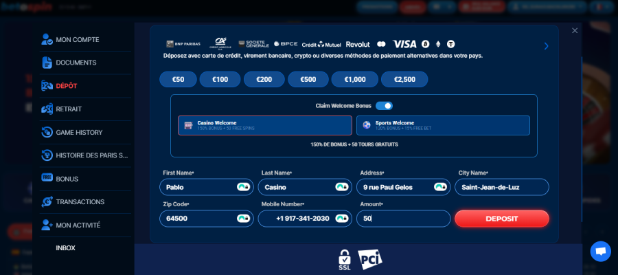Faire un dépôt sur BetOspin étape2