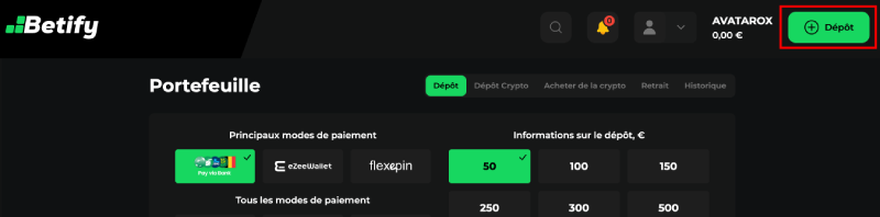 Faire un dépôt sur Betify Casino étape 2