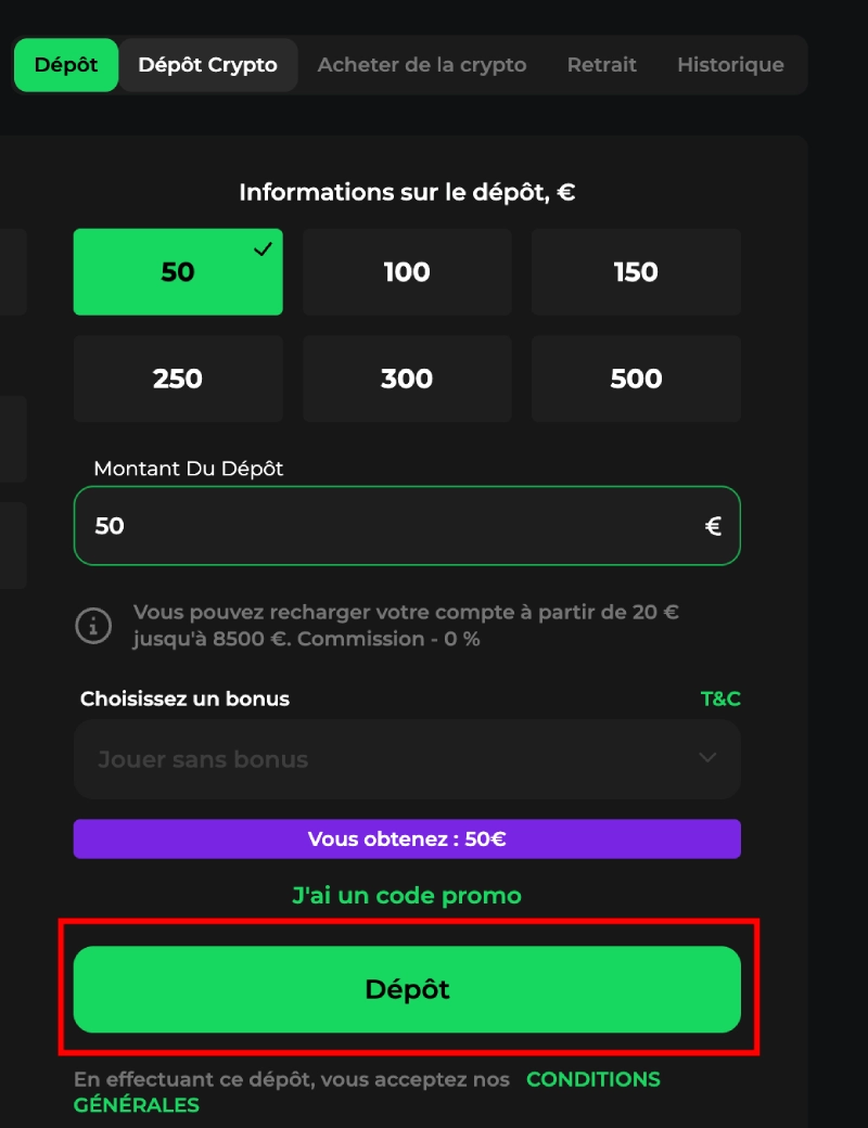 Faire un dépôt sur Betify Casino étape 5