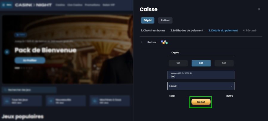 Faire un dépôt sur Casino Night étape 3