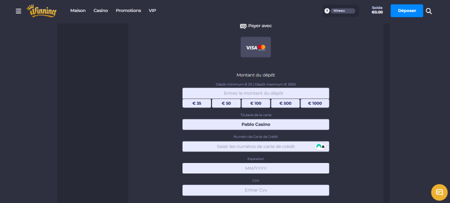Faire un dépôt sur Winning Casino étape3