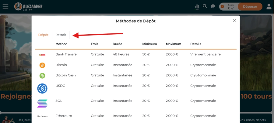 Faire un retrait sur Alexander Casino étape2