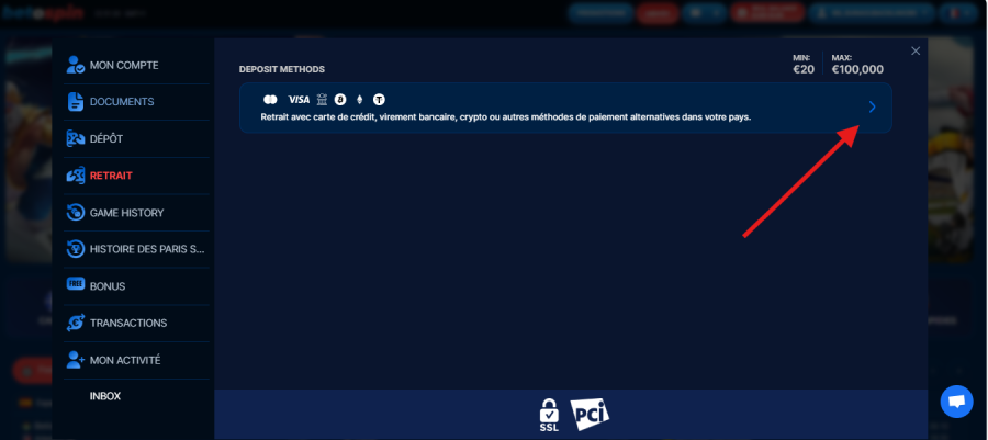 Faire un retrait sur BetOspin étape2
