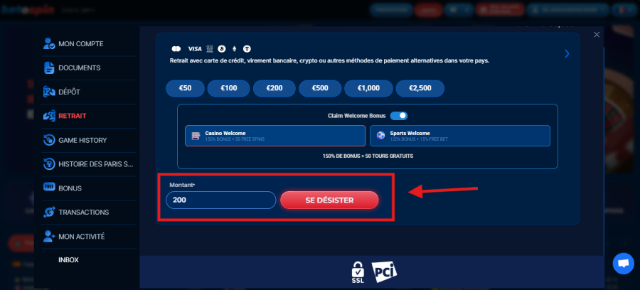 Faire un retrait sur BetOspin étape3