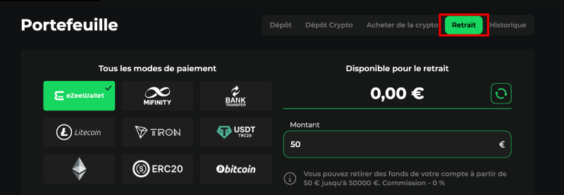 Faire un retrait sur Betify Casino étape 1