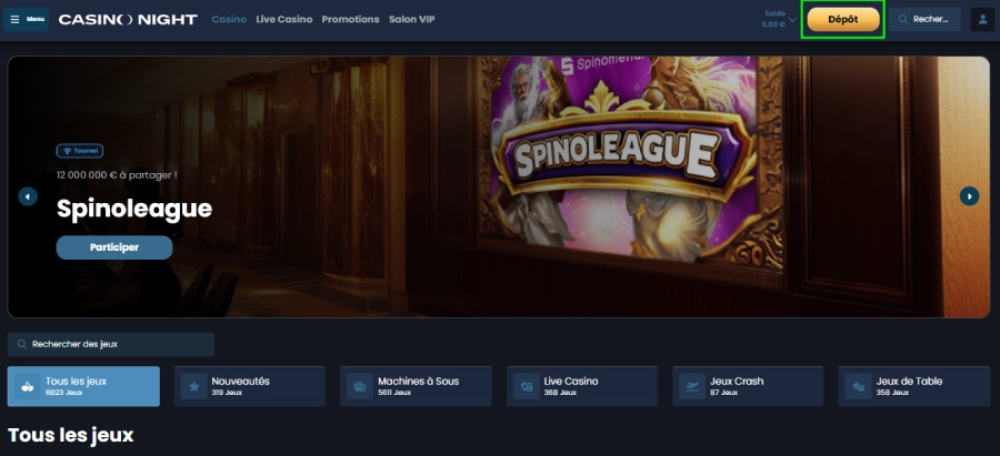 Faire un retrait sur Casino Night étape 1