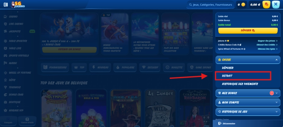 Faire un retrait sur SG Casino étape1