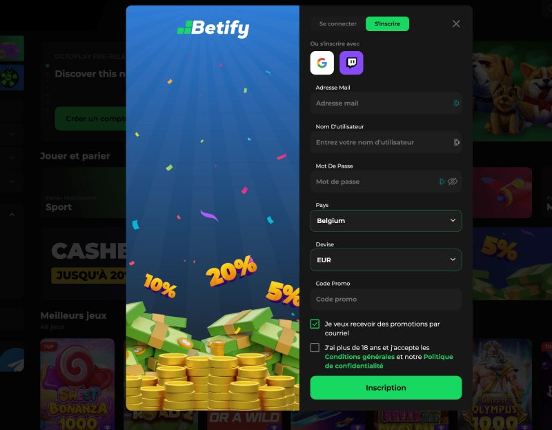 xInscription sur Betify Casino étape 3