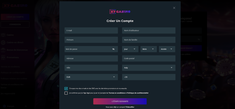 Inscription sur X7 Casino étape 2