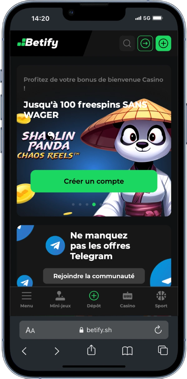 Interface mobile de Betify Casino