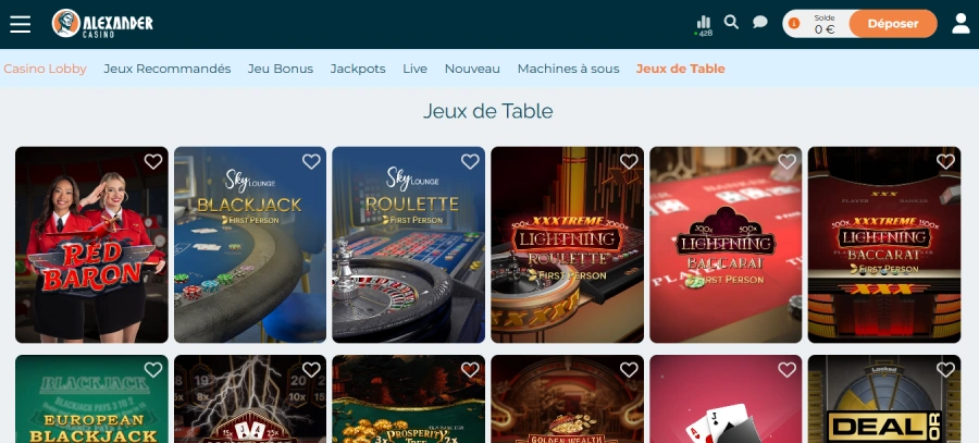 Jeux de table sur Alexander Casino