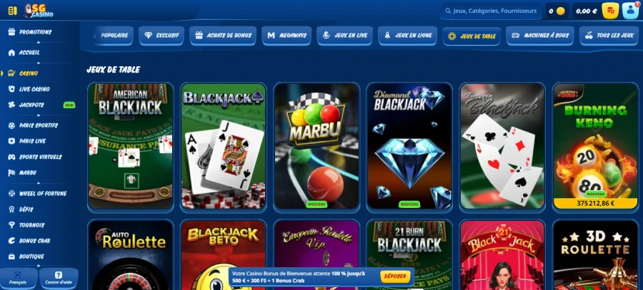 Jeux de table sur SG Casino