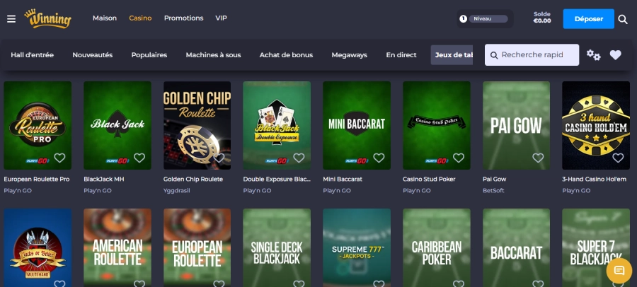 Jeux de table sur Winning