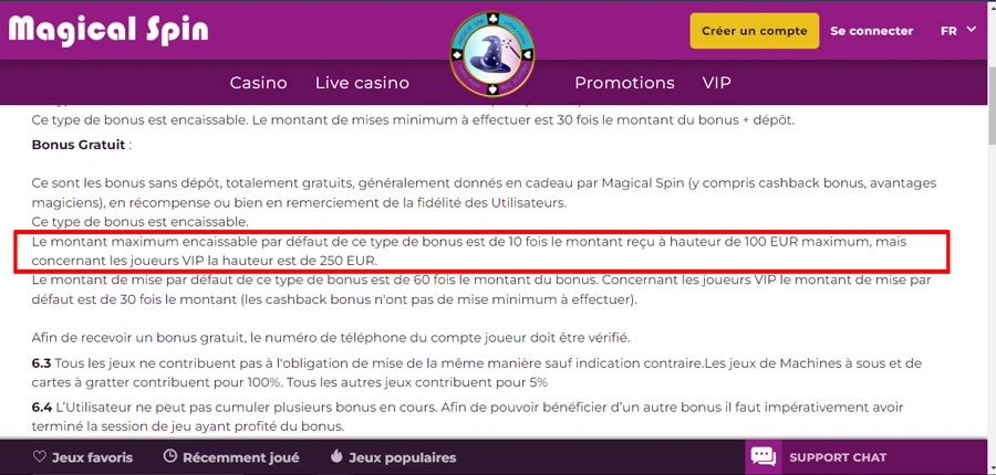 Termes et conditions du code promo Magical Spin