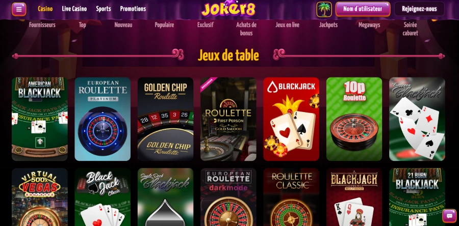 Les jeux de table sur Joker8 Casino