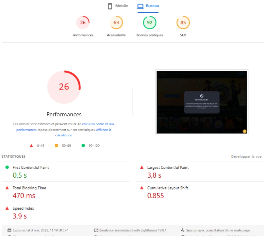 Performance Winning Casino sur ordinateur