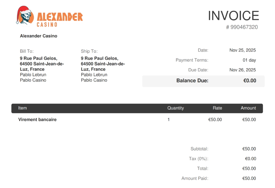 Preuve de retrait sur Alexander Casino