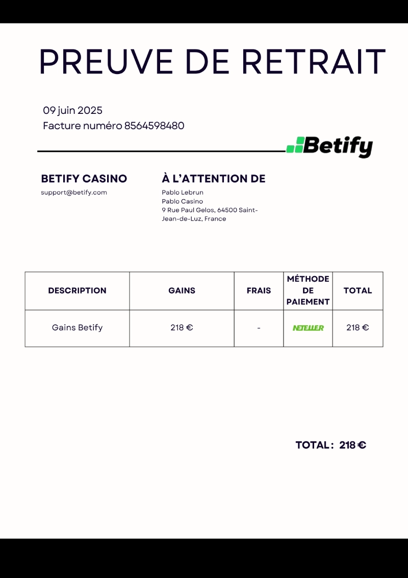 Preuve de retrait sur Betify Casino