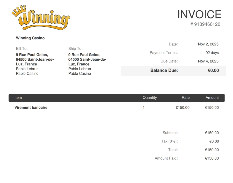 Preuve de retrait sur Winning Casino