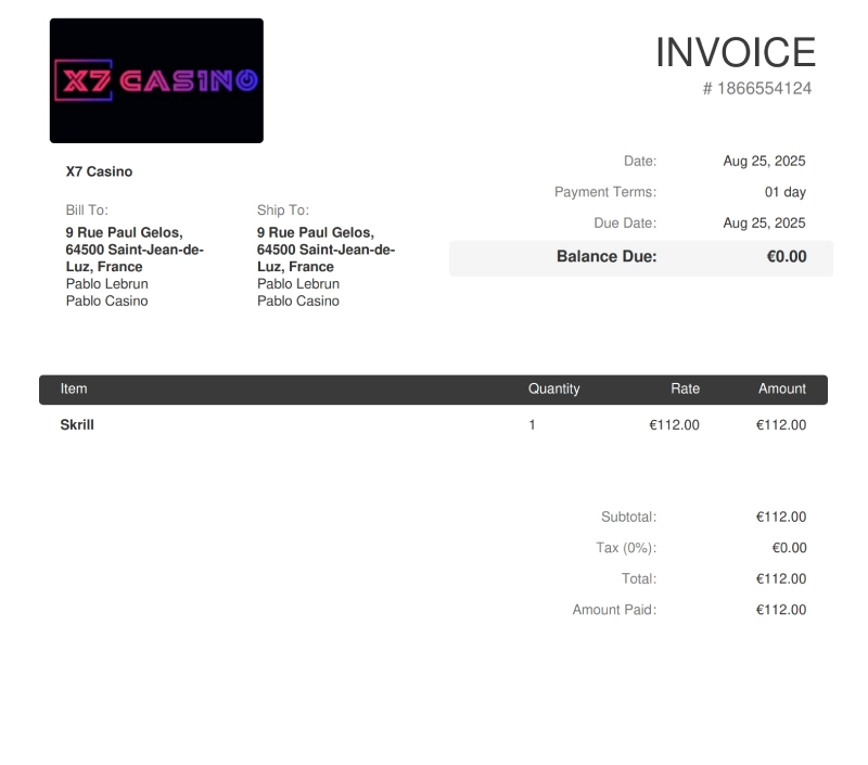 Preuve de retrait sur X7 Casino