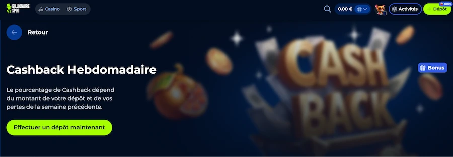 cashbac hebdo Billionnaire Spin