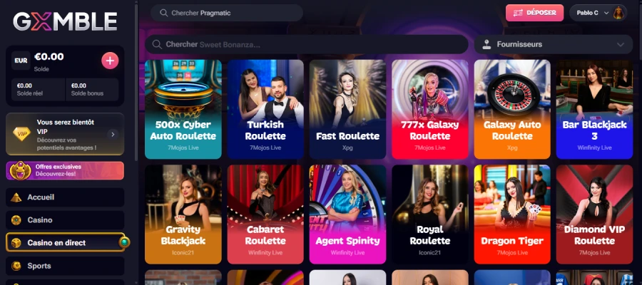 capture d'écran des jeux de casino en direct sur gxmble casino