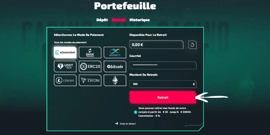 retrait casinozer étape 2