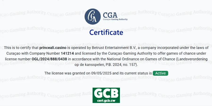 Certificat de sécurité du casino Prince Ali