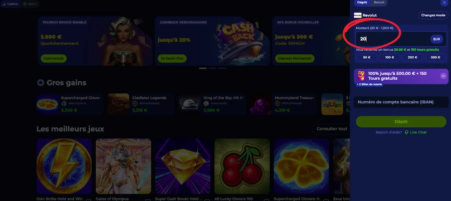 dépôt sur Billionnaire Spin étape 2