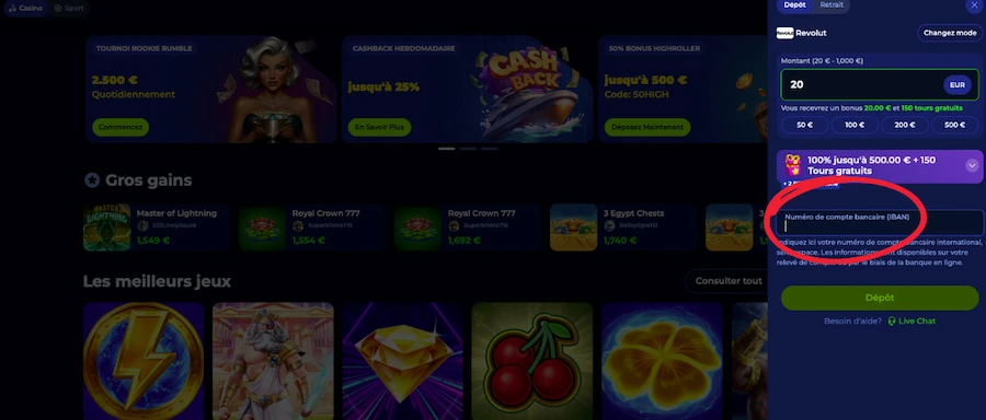 dépôt sur Billionnaire Spin étape 3