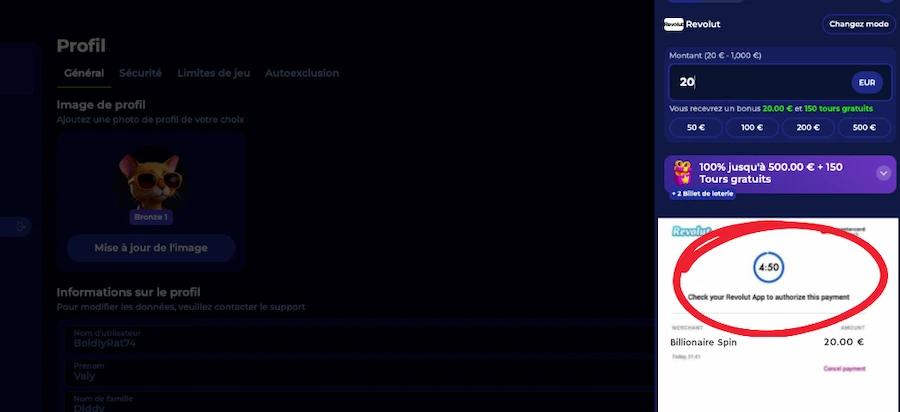 dépôt sur Billionnaire Spin étape 4