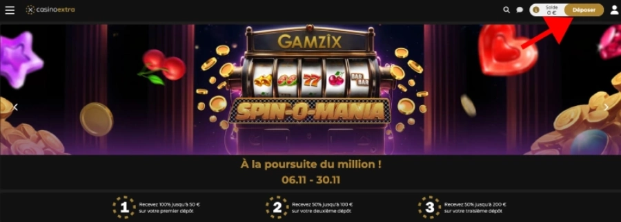 Capture d'écran dépôt étape 1 Casino Extra