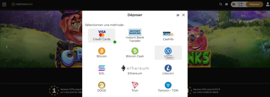 Capture d'écran dépôt étape 2 Casino Extra