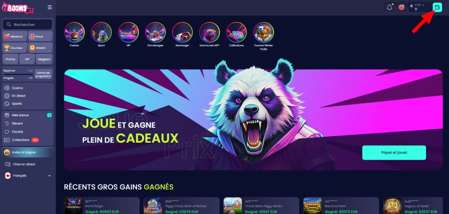 étape 1 pour faire un dépôt sur boomsbet