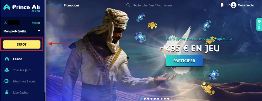 Faire un dépôt sur Prince Ali étape 1