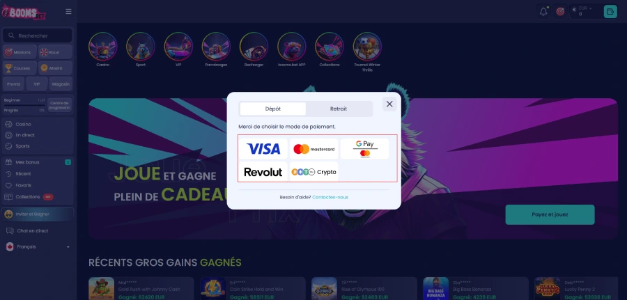 étape 2 pour faire un dépôt sur boomsbet