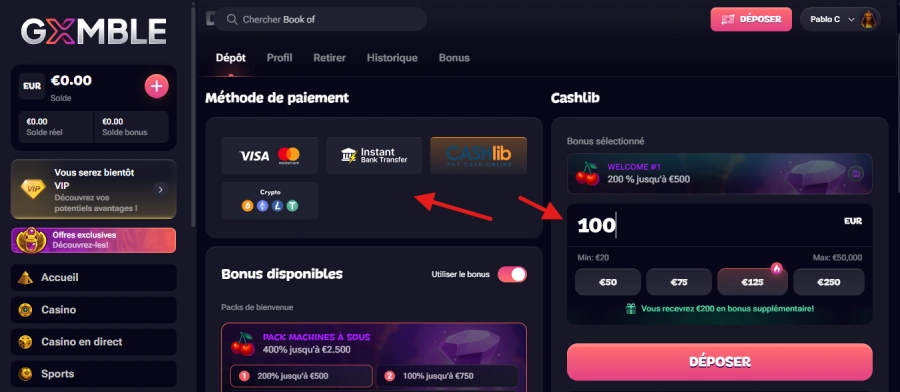faire un dépôt sur gxmble casino étape 2