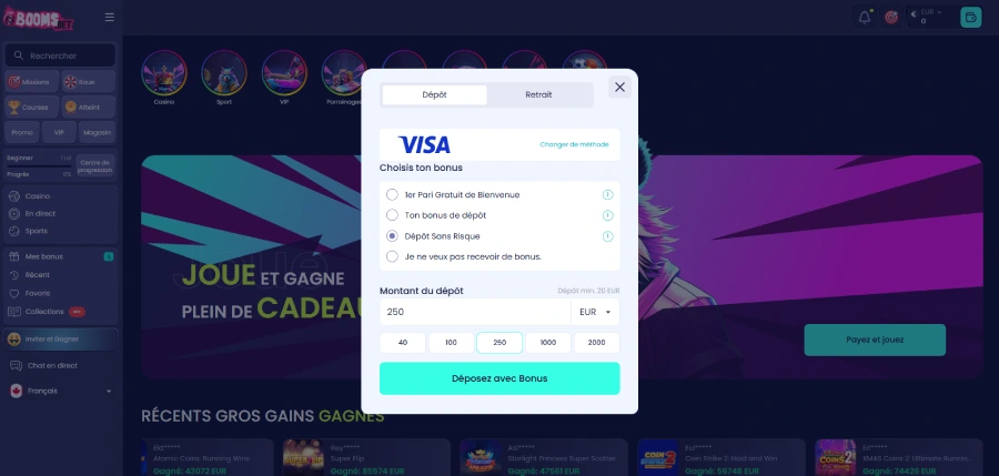 étape 3 pour faire un dépôt sur boomsbet