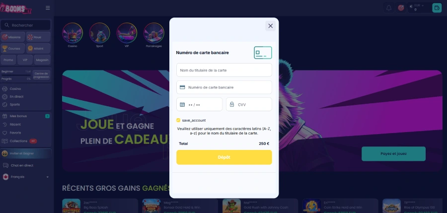 étape 4 pour faire un dépôt sur boomsbet