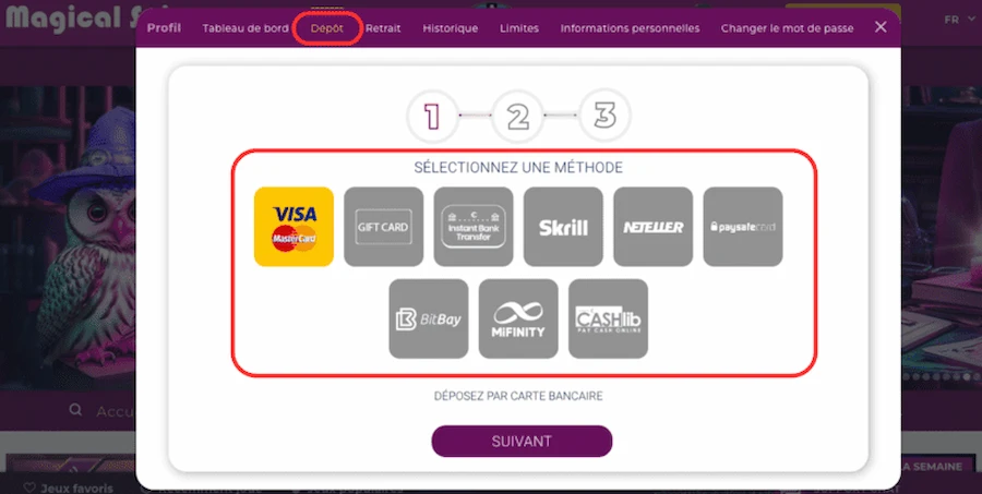dépôt Magical Spin étape 2