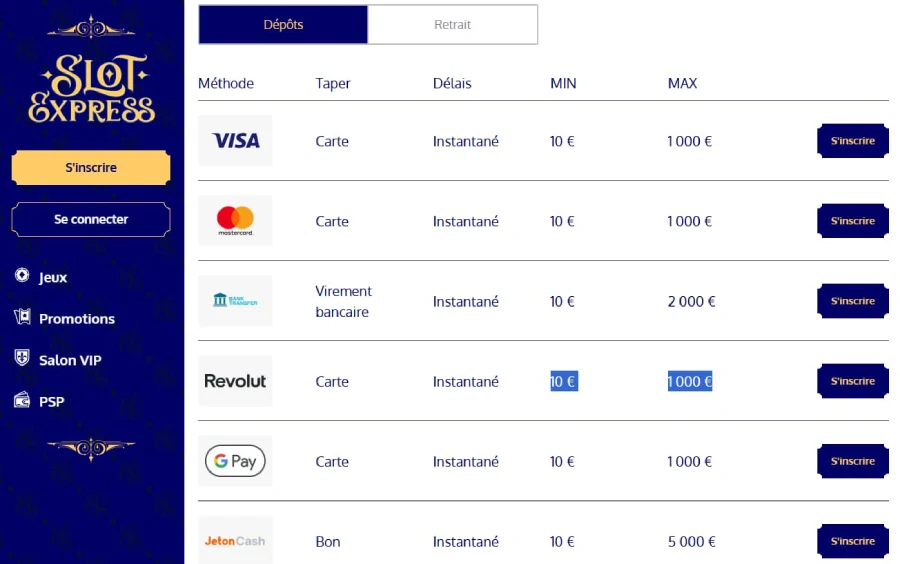 Capture d'écran page des dépôts sur SlotExpress