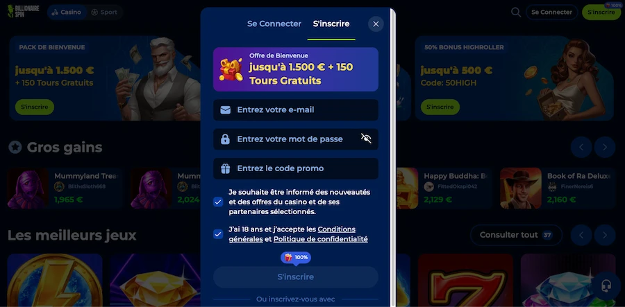 inscription sur Billionnaire Spin étape 2