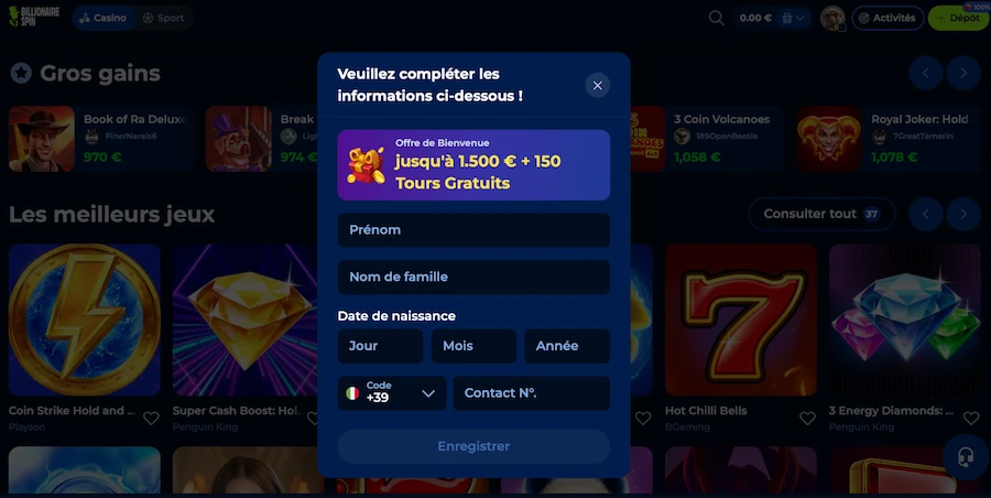 inscription sur Billionnaire Spin étape 3