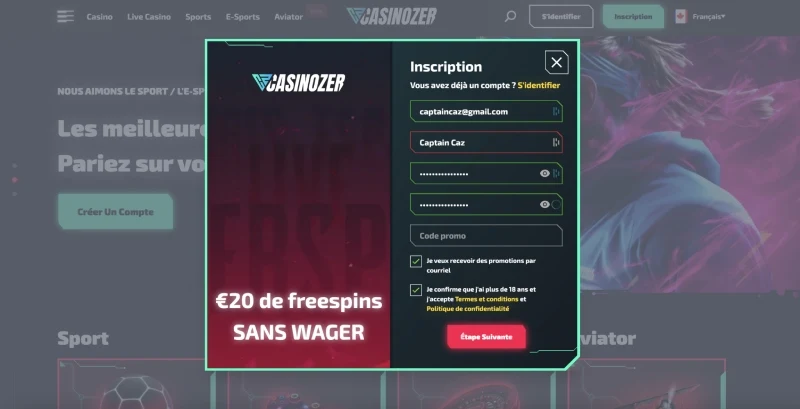 Inscription étape 2 Casinozer